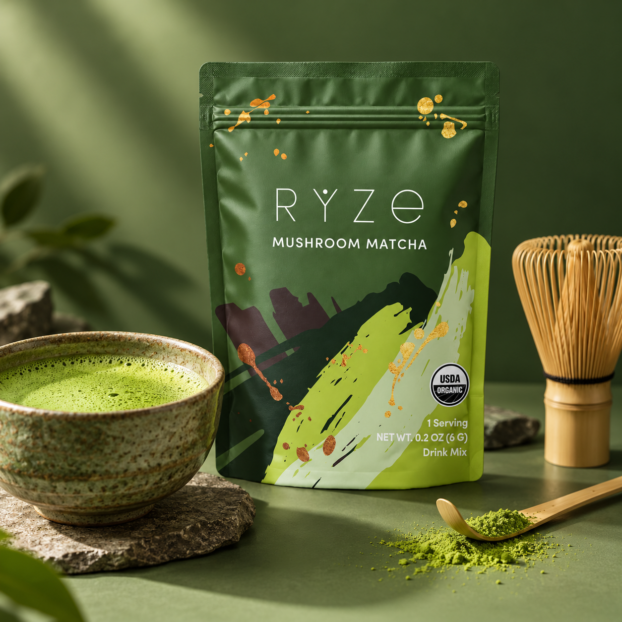 Ryze Mushroom Matcha pouch